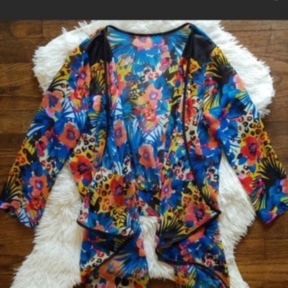 Multicolor Women's kimono leather trimmed jacket